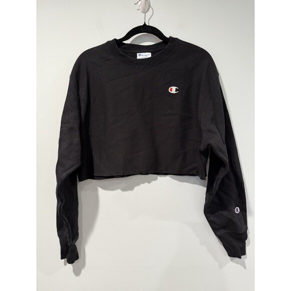 Champion Crop Sweatshirt Womens Small Black Reverse Weave Cotton Minimalist Logo - Picture 1 of 6